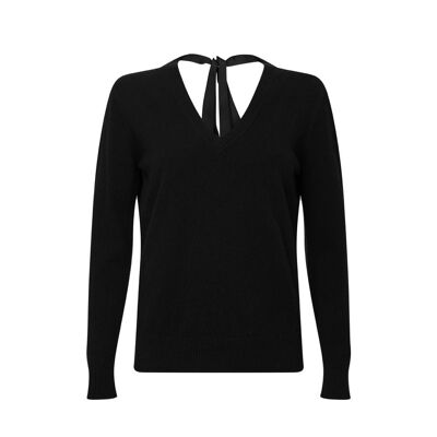 Jersey o suéter 100 % cachemir con cuello de cinta para mujer, negro