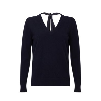 Damen-Pullover oder Pullover aus 100 % Kaschmir mit Schleifenkragen, Marineblau