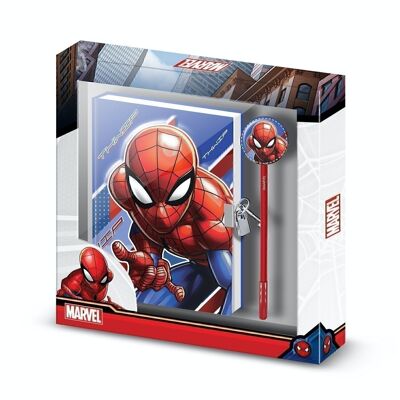 Marvel Spiderman Skew-Gift Box with Diary with Chain and Fashion Pen, Blue