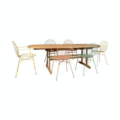 GARDEN SET WITH EXTENDABLE EUCALYPTUS TABLE 180-240CM AND 6 SUMAD YELLOW TERRACOTTA GREEN METAL ARMCHAIRS
