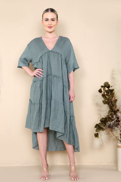 Short sleeve panel midi linen dress
