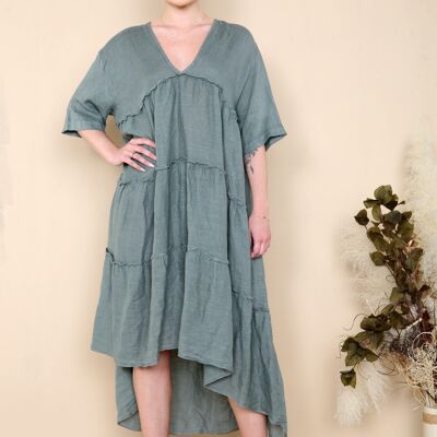 Short sleeve panel midi linen dress