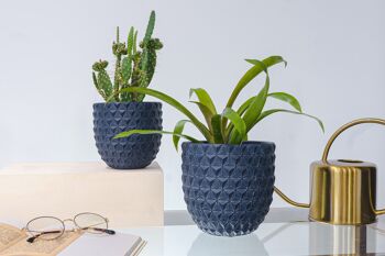 Pot de fleurs en ciment | Design inspiré du pin | Pot à gobelet d'intérieur | Motif géométrique 3D | Fini à la main dans une couleur marine 2