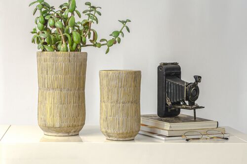 Cement	Vase in a Straw texture design	| Bamboo woven effect	 | Handmade Hourglass Shape | in a Beige colour