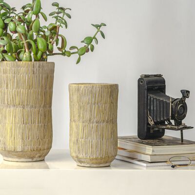 Cement	Vase in a Straw texture design	| Bamboo woven effect	 | Handmade Hourglass Shape | in a Beige colour