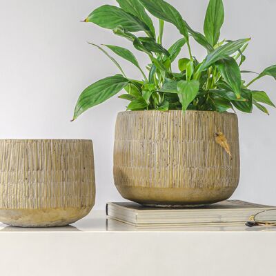 Vaso per piante in cemento con design a trama di paglia | Effetto bambù intrecciato | Vaso affusolato per interni fatto a mano | in un colore beige