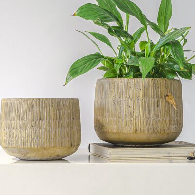 Vaso per piante in cemento con design a trama di paglia | Effetto bambù intrecciato | Vaso affusolato per interni fatto a mano | in un colore beige