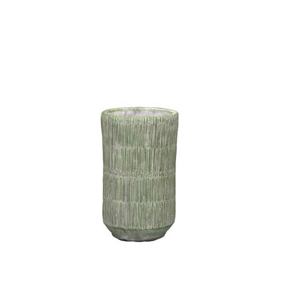 Zementvase in einem Strohbeschaffenheitsdesign | Bambus gewebter Effekt | Handgemachte Sanduhrform | in einer Limettenfarbe