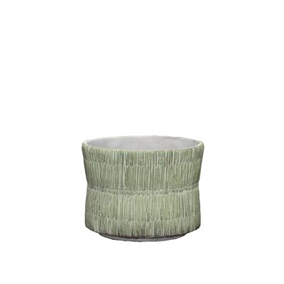 Zement-Blumentopf in einem Stroh-Textur-Design | Bambus gewebter Effekt | Handgemachte Sanduhrform | in einer Limettenfarbe