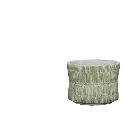 Vaso per piante in cemento con design a trama di paglia | Effetto bambù intrecciato | Forma a clessidra fatta a mano | in un colore lime
