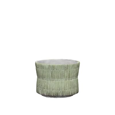 Vaso per piante in cemento con design a trama di paglia | Effetto bambù intrecciato | Forma a clessidra fatta a mano | in un colore lime