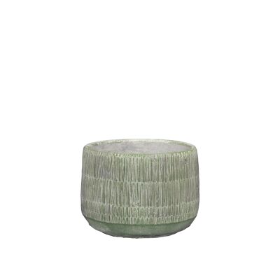 Pot de fleurs en ciment dans une texture de paille | Effet tissé bambou | Pot effilé d'intérieur fait à la main | dans une couleur citron vert