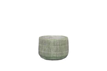 Pot de fleurs en ciment dans une texture de paille | Effet tissé bambou | Pot effilé d'intérieur fait à la main | dans une couleur citron vert 1