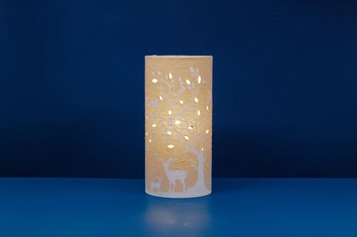 Linen Fabric	Table Lamp	with a Deer and Birds design	| Creature-themed | Night Light	| with Cut-out shapes