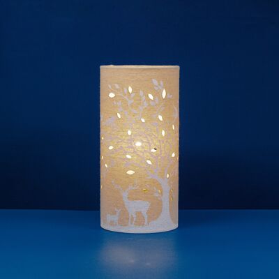 Linen Fabric	Table Lamp	with a Deer and Birds design	| Creature-themed | Night Light	| with Cut-out shapes