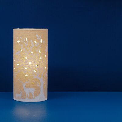 Lampada da tavolo in tessuto di lino con design di cervi e uccelli | Creatura a tema | Luce notturna | con forme ritagliate