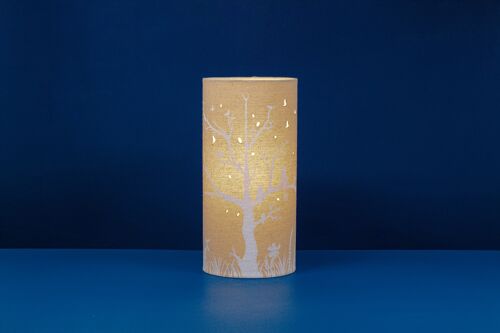 Linen Fabric Table Lamp with a Cat and Birds design | Creature-themed	| Night Light	| with Cut-out shapes