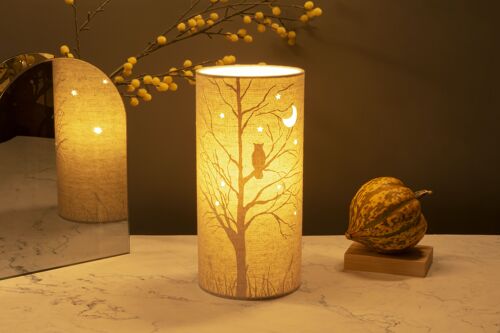 Linen Fabric	Table Lamp	with a Owl design | Creature-themed | Night Light	| with Cut-out shapes | Children's Lamp