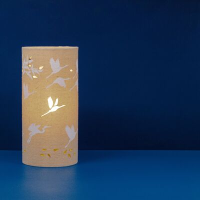 Lampada da tavolo in tessuto di lino con design di gru e bambù | Natura a tema | Luce notturna | con forme ritagliate