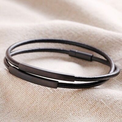 Men's Double Wrap Thin Leather Bracelet in Black