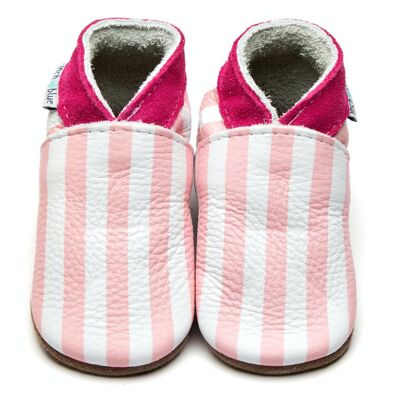 Chaussures Bébé en Cuir Semelle Daim ou Caoutchouc - Rayures Rose