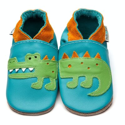 Leather Baby Slippers - Crocodile Turquoise/Tangerine