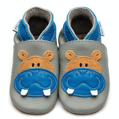 Chaussons Bébé Cuir - Hippopotame Gris/Bleu