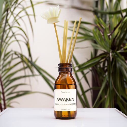 Sustainable Reed Diffuser - Scent: Awaken. A blend of orange and lemongrass. refreshing, uplifting and long lasting. Handmade in Wales.