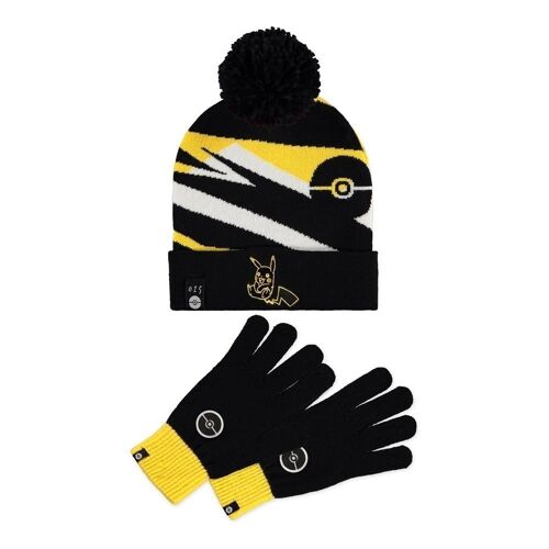 POKEMON Pikachu & Pokeball Symbol Beanie & Knitted Gloves Giftset, Black/Yellow (GS460272POK)