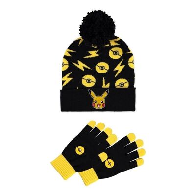 POKEMON 3D Pikachu Aufnäher mit Allover-Print Beanie & Strickhandschuhen Geschenkset, Schwarz/Gelb (GS625363POK)