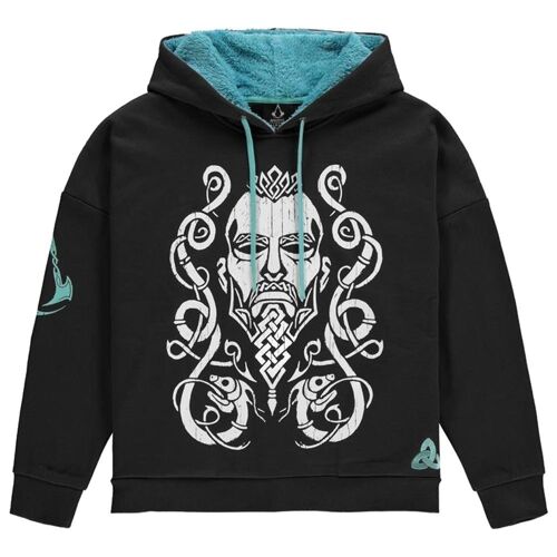 ASSASSIN'S CREED Valhalla Tribal Face Hoodie with Teddy Hood, Female, Medium, Black/Turquoise (HD838613ASC-M)