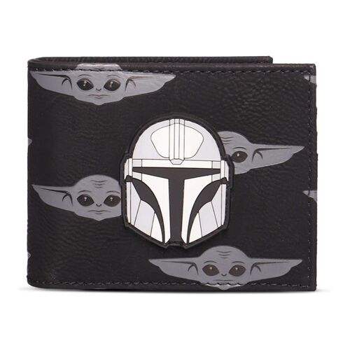 STAR WARS The Mandalorian Helmet Badge with Grogu All-over Print Bi-fold Wallet, Male, Black (MW033425STW)