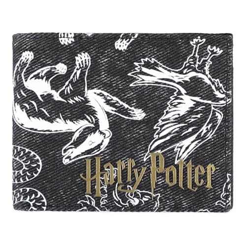 HARRY POTTER Wizards Unite Logo and Hogwarts Houses Symbols All-Over Print Bi-fold Wallet, Male, Black (MW566828HPT)