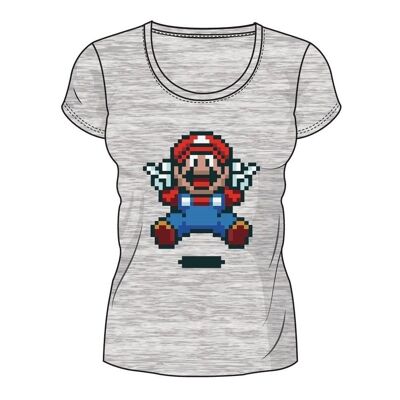 NINTENDO Super Mario Bros. Pixelated Jumping Mario T-shirt, femme, grand, gris (TS713188NTN-L)