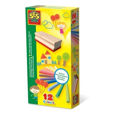 SES CREATIVE Ensemble de craies colorées pour enfants avec essuie-tout, 12 couleurs, unisexe, 2 à 12 ans, multicolore (00208)
