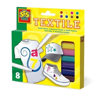 SES CREATIVE Juego de rotuladores textiles permanentes para niños, 8 rotuladores, unisex, a partir de 3 años, multicolor (00271)