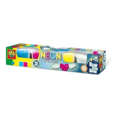 SES CREATIVE Kinderknete Neon und im Dunkeln leuchtendes Set, 4 Töpfe (90 g), Unisex, ab 2 Jahren, Mehrfarbig (00461)