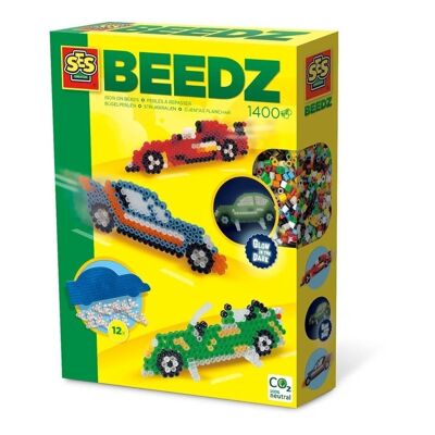 SES CREATIVE Beedz Iron-on Beads Glow-in-the-Dark Car Pegboard, 1400 Iron-on Beads, 5 años y más (06215)