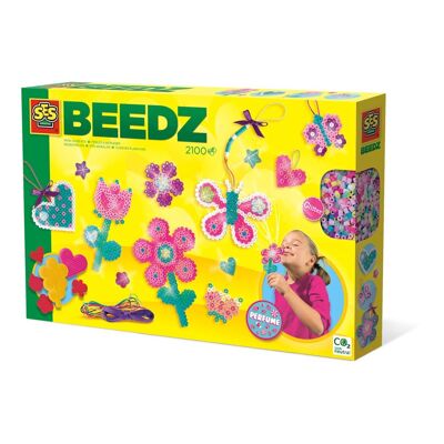 SES CREATIVE Beedz Iron-On Beads Flower & Love Pegboards, con perfume 2100 Iron-On Beads, 5 años y más (06219)