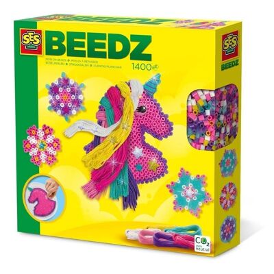 SES CREATIVE Beedz Kids Iron-on Beads Unicorn with Mane Mosaic Kit, 1400 Iron-on Beads, Unisex, Cinco años y más, Multicolor (06306)