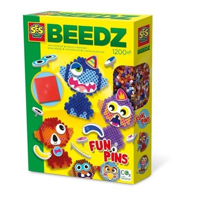 SES CREATIVE Beedz Kids's Iron-on Beads FunPins Mosaic Kit, 1200 Iron-on Beads, Unisex, Cinco años y más, Multicolor (06307)
