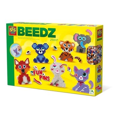 SES CREATIVE Beedz Kinder Bügelperlen FunPins Tiere Mosaik Kit, 2100 Bügelperlen, Unisex, ab fünf Jahren, Mehrfarbig (06308)