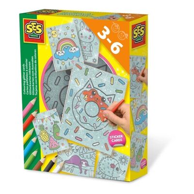 SES CREATIVE Set di glitter da colorare per bambini, 6 cartoline glitterate e 8 matite colorate, unisex, da 3 a 6 anni, multicolore (14621)