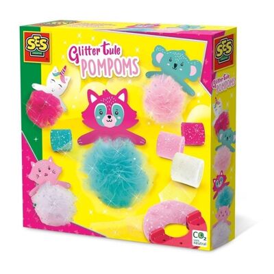 SES CREATIVE Children's Glitter Tule Pom Poms Set, Unisex, Five Years and Above, Multi-colour (14677)