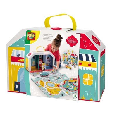 SES CREATIVE Petits Pretenders Einkaufsviertel für Kinder, Spielkoffer und Spielmatte, Unisex, ab drei Jahren, mehrfarbig (18013)