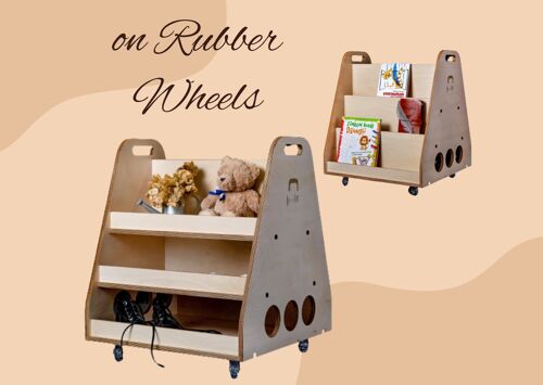 Montessori Bookshelf, Toy Box, Role Play Shop, Toy Storage, Doll House on Rubber Wheels Berta