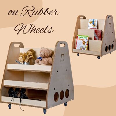 Montessori-Bücherregal, Spielzeugkiste, Rollenspielladen, Spielzeugaufbewahrung, Puppenhaus auf Gummirädern Berta