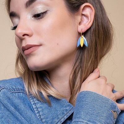 Boucles d'oreilles en porcelaine pétale bleu et jaune