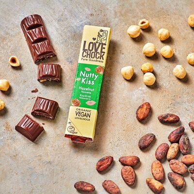Regalo de San Valentín Barra de chocolate vegano NUTTY KISS Bebida de arroz y avellanas 64% 40 g ecológico