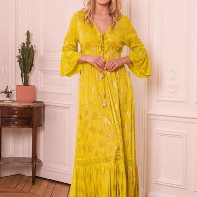 Vestido largo estampado con efecto dorado, escote de pico con tirante